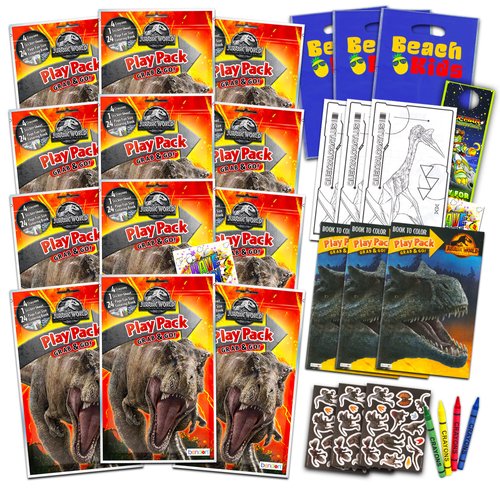 Jurassic World Party Favors Pack ~ Bundle of 12 Jurassic World Play Packs Filled with Stickers, Coloring Books, Crayons with Bonus Loot Bags and More (Jurassic World Party Supplies)