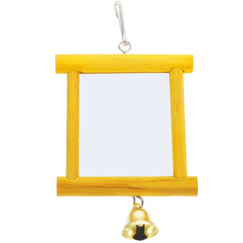 LOGOFUN Bird Mirror Toy Wooden Parrot Toy with Bell Bird Cage Hanging Toys Accessory (Yellow)