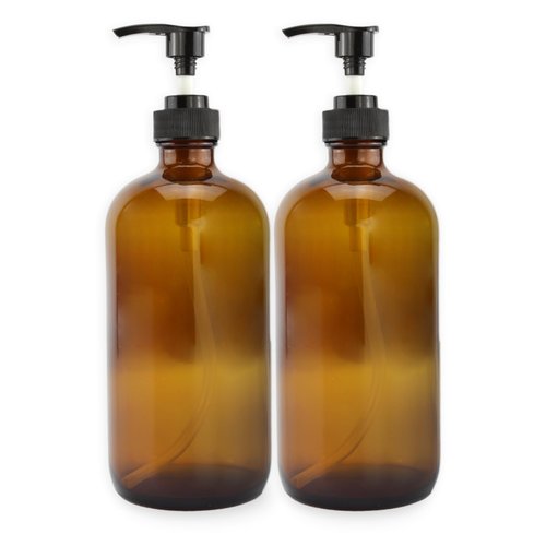 Cornucopia 16oz Amber Glass Bottles w/ Pump Dispensers (2-Pack); Refillable Lotion Liquid Soap Pump Brown Bottles + Chalk Labels & Lids, BPA-Free Plastic Tops