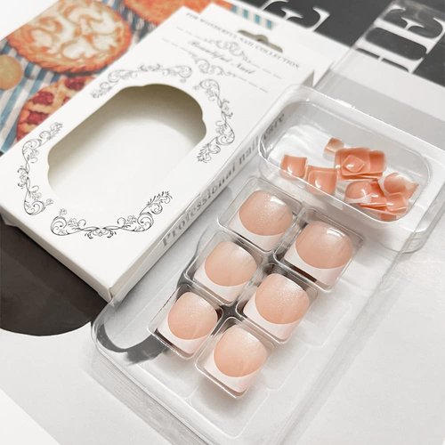 French Tips Press on Toenails White Short Square Fake Nails Nude Pink Glitter Designs False Nails Acrylic Nails Summer Full Cover Glue on Toe Nails for Women and Girls 24Pcs