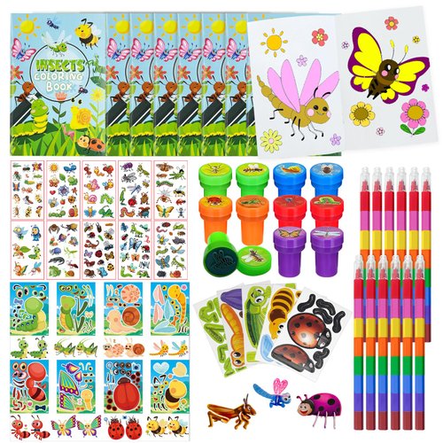 85 Pieces Insects Bugs Party Favors Butterfly Beetle Bee School Exchange Gifts Coloring Books Stacking Crayons Tattoo Puzzle DIY Sticker Stampers Class Reward Prizes for Spring Summer Party Supplies