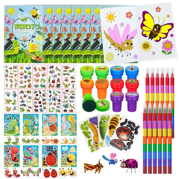 85 Pieces Insects Bugs Party Favors Butterfly Beetle Bee School Exchange Gifts Coloring Books Stacking Crayons Tattoo Puzzle DIY Sticker Stampers Class Reward Prizes for Spring Summer Party Supplies