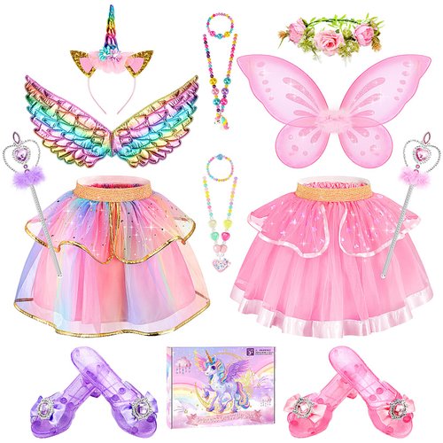 Chillife Princess Dress Up for Girls 4-6 Toddler Dress Up Clothes with Tutu, Wings, Shoes, Jewelry, Headband Girls Toys for Ages 3-6 year old Christmas Halloween Birthday Gift Toys