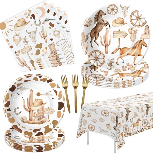 APOWBLS Western Cowboy Birthday Party Decorations Tableware - Wild West Party Supplies, Paper Plate, Napkin, Fork, Tablecloth, Western Cowboy Rodeo Birthday Table Decorations Dinnerware | Serve 24