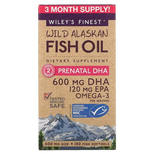 Wiley's Finest Wild Alaskan Fish Oil Prenatal DHA - 600mg DHA Omega-3s - 180 Softgels (90 Prenatal Vitamin Servings)