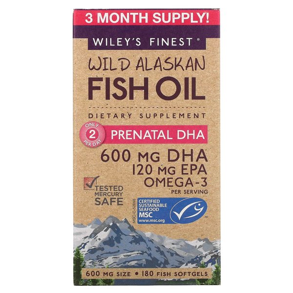 Wiley's Finest Wild Alaskan Fish Oil Prenatal DHA - 600mg DHA Omega-3s - 180 Softgels (90 Prenatal Vitamin Servings)