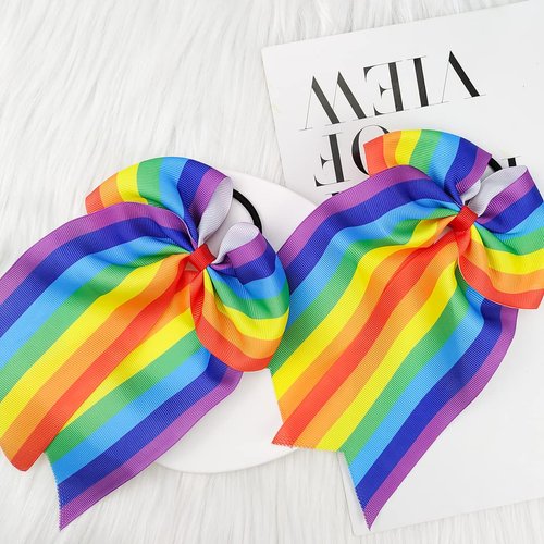 Rainbow Cheer Bows 8 Inch Jumbo Cheerleader Bows Ponytail Holder Cheerleading Bows Hair Tie Gay Pride Day Cheer Bows Hair Accessories for School Girls Women 2 Pack