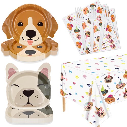 Hegbolke 81 Pcs Dog Party Decorations - Including Plates, Napkins, Puppy Tablecloth, Black Plastic Forks for Kids Puppy Dog Themed Birthday Party Supplies, Serve 20