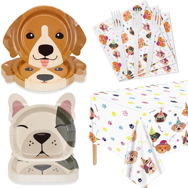 Hegbolke 81 Pcs Dog Party Decorations - Including Plates, Napkins, Puppy Tablecloth, Black Plastic Forks for Kids Puppy Dog Themed Birthday Party Supplies, Serve 20