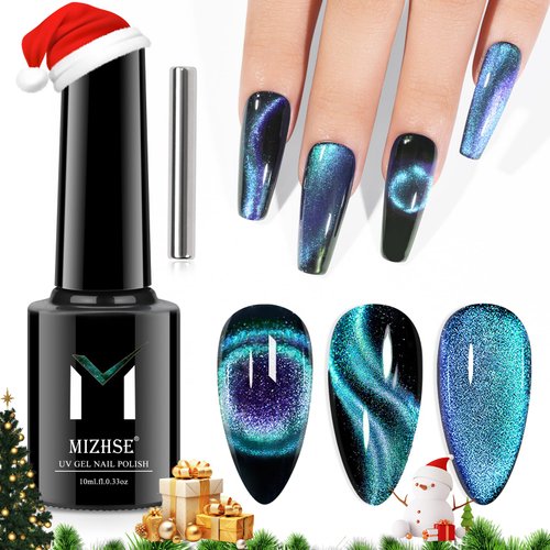 MIZHSE 9D Cat Eye Gel Nail Polish 10ml, Holographic Galaxy Cateye Magnetic Nail Polish Gel, Magic Chameleon Manicure Set(Cyan)