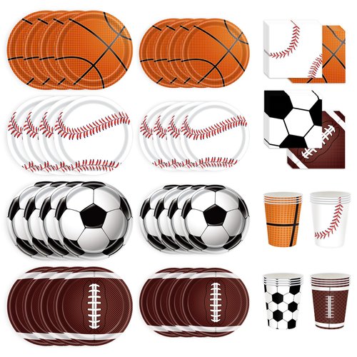 Sports Birthday Party Decorations, Sports Theme Party Supplies, Include Plates, Cups, Napkins, Soccer Basketball Baseball Football Theme Dinnerware (Serve 20)