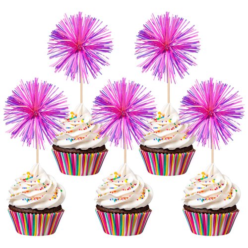 30 PCS Foil Firework Cupcake Toppers Happy Birthday Cupcake Toppers Sparkle Tinsel Flower Drink Stirrers Cocktail Fruit Toothpicks for Valentine's Day Baby Shower Party Cake Decor Supplies Rose Red