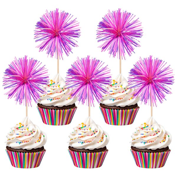 30 PCS Foil Firework Cupcake Toppers Happy Birthday Cupcake Toppers Sparkle Tinsel Flower Drink Stirrers Cocktail Fruit Toothpicks for Valentine's Day Baby Shower Party Cake Decor Supplies Rose Red