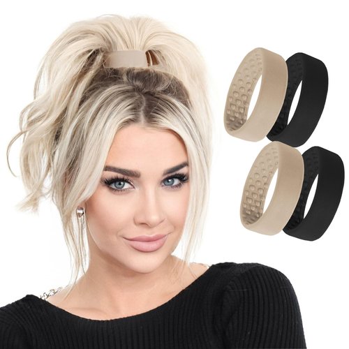 PONY-O 4 Pack Original Hair Tie Alternative - Revolutionary Ponytail Holder Hair Accessories for Women - Medium Size PONY-O for Normal Hair - Black and Dark Blonde