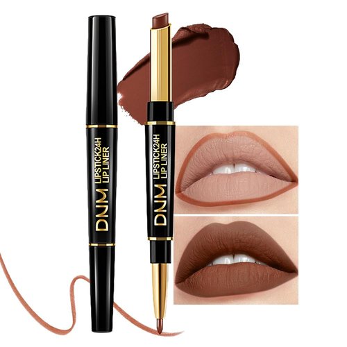 evpct 1Pcs Dark Deep Brown Matte Lip Liner and Lipstick Combo Set Kit for Women, DNM Magic Neutral Lipstick 24 Hours Original Lipstick and Lips Liner Pencil Stain Gloss Makeup Long Lasting Waterproof