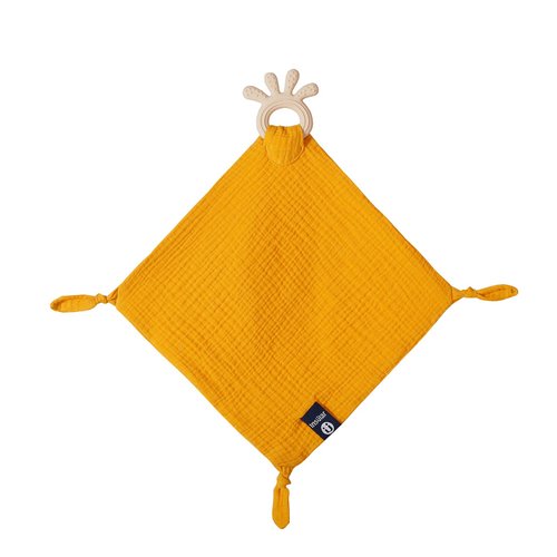 AmazingM Baby Muslin Security Blanket with Food Grade Silionce Teether,Soothe Teething Toy for Boys and Girls,100% Polyester (Yellow)