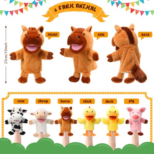 Lenwen 6 Pcs Christmas Hand Puppets Bulk for Kids with Working Mouth 10 Inches Plush Animal Hand Puppet Toddler Plush Toys for Children Adult Xmas Birthday Party Favors Gifts(Farm Animal)
