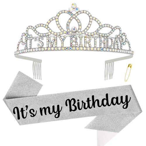 ACO-UINT Birthday Crown for Women, AB Rhinestone Birthday Headband Birthday Sash It's My Birthday Crown, Birthday Girl Crown Birthday Tiara Birthday Decorations Birthday Gifts