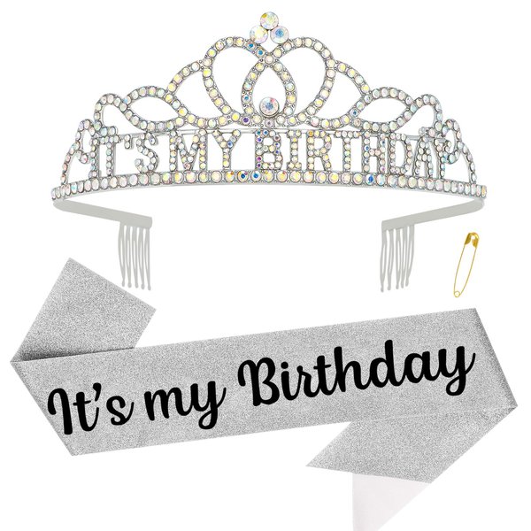 ACO-UINT Birthday Crown for Women, AB Rhinestone Birthday Headband Birthday Sash It's My Birthday Crown, Birthday Girl Crown Birthday Tiara Birthday Decorations Birthday Gifts