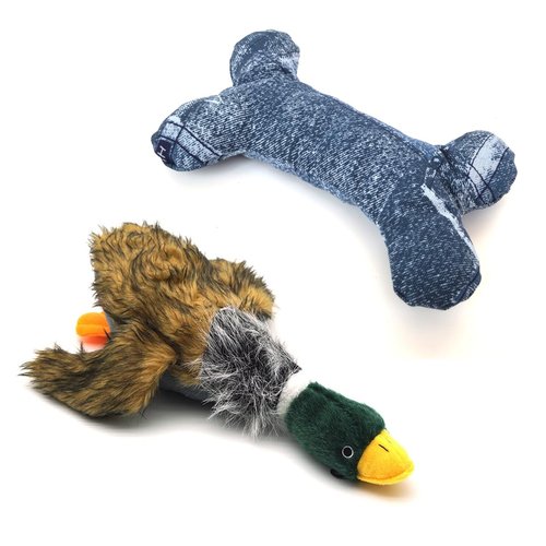 JKW Plush Mallard Duck Dog Toy and Squeaky Bone Dog Toy, Plush Dog Chew Toy for Small Medium Dogs, 8-Inch （2 Pack）