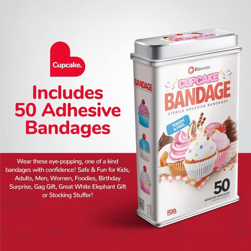 BioSwiss Bandages, Cupcake Shaped Self Adhesive Bandages, Latex Free Sterile Wound Care, Fun First Aid Kit Supplies for Kids, 50 Count