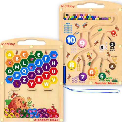 Magnetic Number Alphabet Maze Board, 2 in 1 Double Side Wooden Puzzle Color Sorting Game for Kids Age 3 4 5,Preschool Learning Activities Classroom Must Haves Toddler Fine Motor Skills Montessori Toys