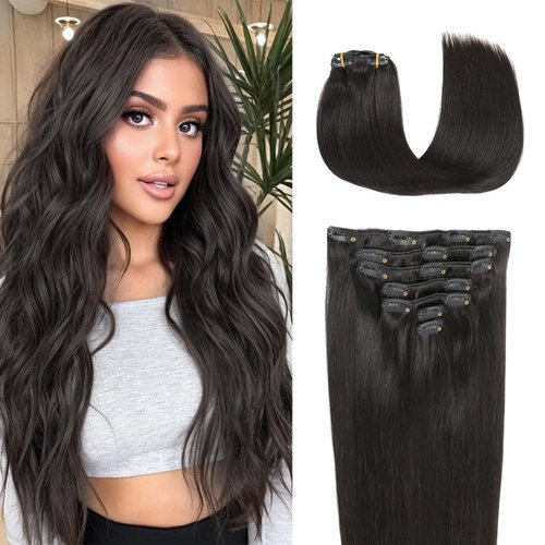 Clip in Hair Extensions Real Human Hair Natural Black Hair Extensions Clip ins 20 Inch Double Wef...