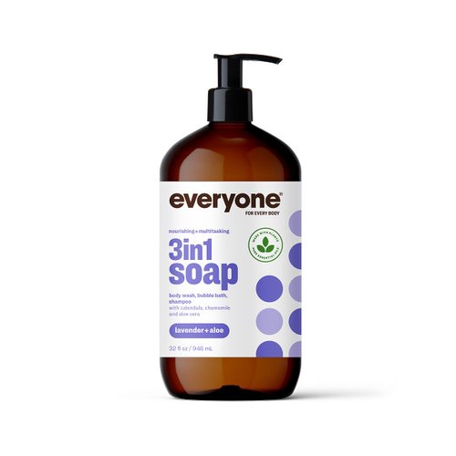 Everyone 3-in-1 Soap, Body Wash, Bubble Bath, Shampoo, 32 Ounce (Pack of 1), Lavender and Aloe, Coconut Cleanser with Organic Plant Extracts and Pure Essential Oils