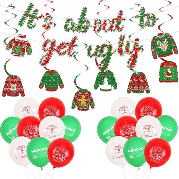 MARFOREVER 25 Pcs Christmas Ugly Sweater Party Decorations, It's About To Get Ugly Banner Balloons Ugly Christmas Sweater Hanging Swirls Set for Xmas Winter Holiday Party Supplies Decor