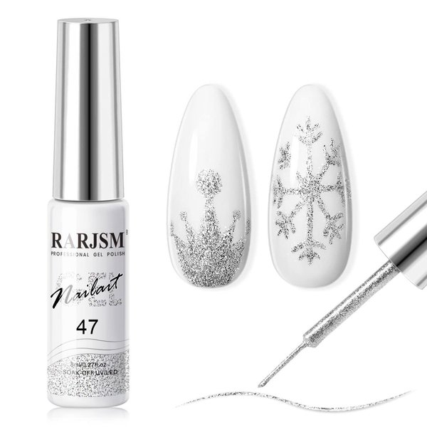 RARJSM Gel Liner Nail Art Silver Glitter Design Gel Nail Polish 1 Bottle 8ml Soak off UV LED Curing Requires Build in Thin Brush Striper Gel Polish for Home Salon Diy Nail Manicure Painting Decoration