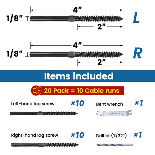 Muzata 20Pack 1/8" Black Swage Lag Screws Left & Right Black Cable Railing Hardware Kit Handed Thread for Wood Post T316 Stainless Steel Stair Deck NeatBlack System 10 Pairs CK17, CA7