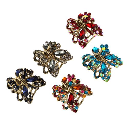 Minkissy 5Pcs Mini Hair Claw Clips Rhinestone Butterfly Jaw Clips Vintage Metal Barrettes Crystal Hair Accessories for Women Girls