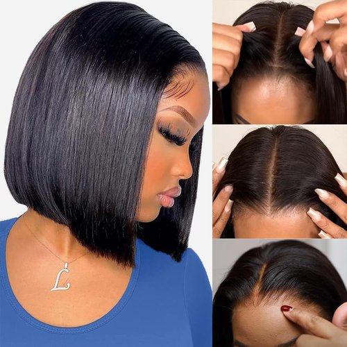 Wear and Go Glueless Bob Wigs Human Hair Straight Bob Wigs Human Hair Pre Plucked Pre Cut 4x4 HD Lace Front Glueless Wigs Human Hair 180% Density Short Straight Bob Wigs for Black Women (10 Inch)
