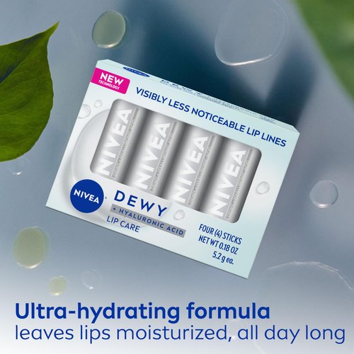 NIVEA Dewy Lip Care with Hyaluronic Acid, Lip Balm Leaves Visibly Less Noticeable Lip Lines and No Waxy Feel, 0.18 Oz, Pack of 4