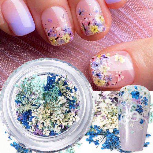 Dried Flowers for Nails 3D Nail Dried Flowers Sticker 1 Box Natural Real Dry Flower Nail Art Stickers Supplies Colored Mini Dried Flowers for Nails Art Resin DIY Craft Summer Nail Art Decorations