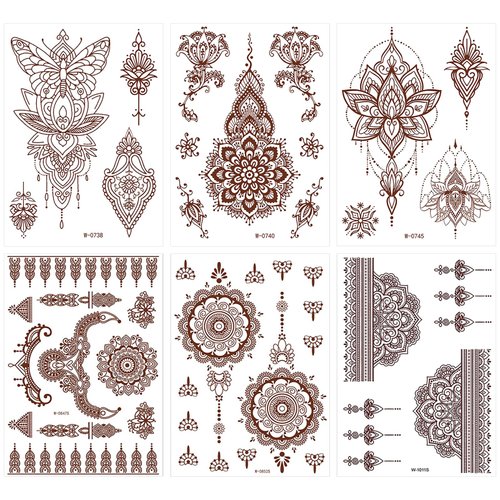 Brown Lace Tattoo Stickers Lotus Flower Lace Temporary Tattoo Stickers Sexy India Tribal Fake Tattoo Sticker Self-Adhesive Finger Arm Body Art Accessories for Girl Woman 6sheets