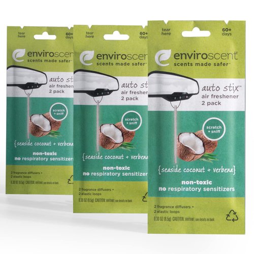 Enviroscent Non-Toxic Car Air Freshener (Seaside Coconut & Verbena) Natural Car Air Freshener | Essential Oil Diffuser | Car Scent Lasting Over 180 Days | 3 Packs of 2 Hanging Auto Stix