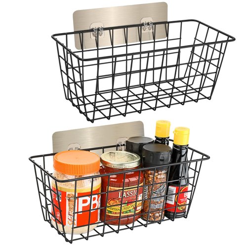 Ptinyiv 2 Pack Hanging Wall Basket Wire Storage Baskets, Adhesive Basket for Cabinet Door Organizer No Drilling, Sturdy Hanging Fruit Baskets for Kitchen, Pantry Organization, Bathroom, Black