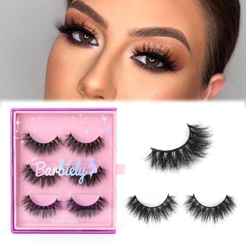 Barbiely 18MM Real Mink Lashes, 3 Pairs Mink Lashes, 3D Cat Eye Lashes, False Eyelashes, Dramatic Round Look, 100% Handmade & Cruelty-Free Fluffy Volume Wispy Lashes (DREAM)