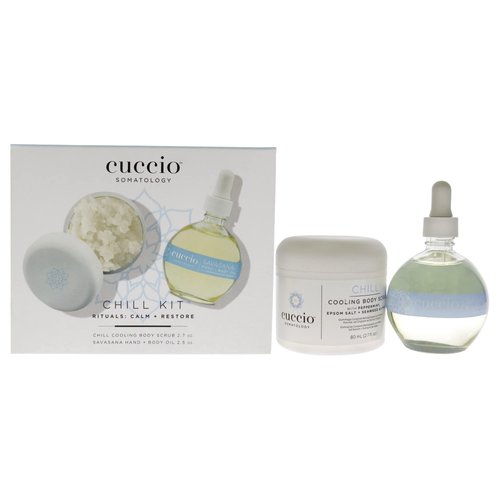 Cuccio Somatology Chill Kit - Gently Exfoliates - Soothes and Hydrates Skin - for Yourself or Loved Ones - Paraben Free - Includes Cooling Body Scrub and Hand and Body Oil - 2 pc