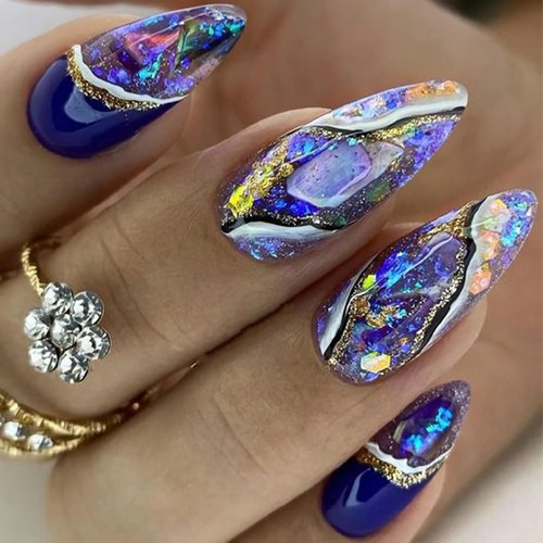 BABALAL Almond Press on Nails Medium Fake Nails Blue Purple Ombre Glue on Nails Golden Line Glitter Acrylic Nails 24Pcs Shiny Stiletto Stick on False Nails
