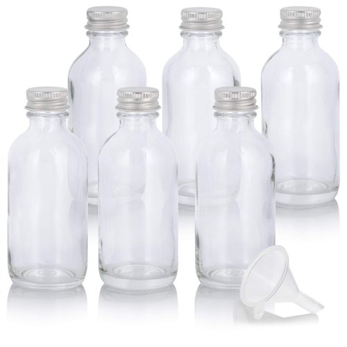 2 oz Clear Glass Boston Round Bottles with Silver Metal Screw On Caps (6 Pack) + Funnel