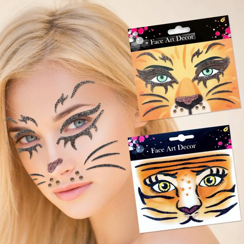 Tiger Face Temporary Tattoos Lion Face Tattoos Christmas Thanksgiving Party Favors Animal Face Stickers Stage Performance Face Tattoos Glitter Makeup Face Tattoos Animal Body Paint Tattoos 2Pcs