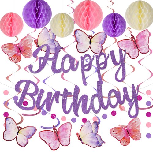 YEOCU Birthday Decorations, NO DIY, Pre-Strung Happy Birthday Banner with Honeycomb Balls, Hangin...