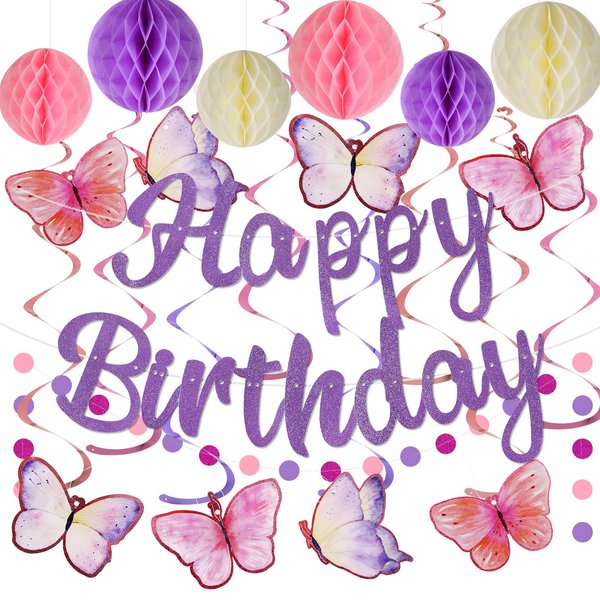 YEOCU Birthday Decorations, NO DIY, Pre-Strung Happy Birthday Banner with Honeycomb Balls, Hanging Swirls, Circle Dots Garland, Happy Birthday Party Decorations for Women Men Boys Girls (Purple)