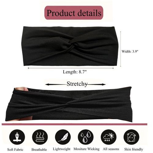Hjiaruiky 2Pcs Turban Headbands for Women Boho Stretchy Fashion Headbands Fabric Twist Knotted Cloth Cute Thick Headband Head Wraps for Womens Girls Black (Dark Grey+Black)