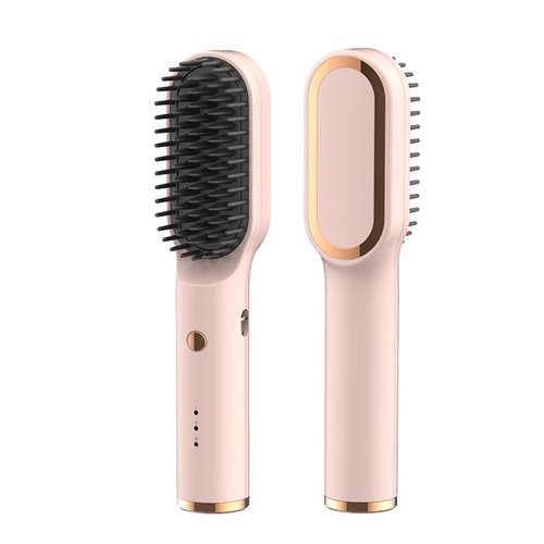 ABHI Portable Hair Straightening Brush with 3 Levels Temperature Auto-Off Anti-Scald Travel Curler Styler Type C Rechargeable Cordless Hair Straightener Comb - Pink-Gold