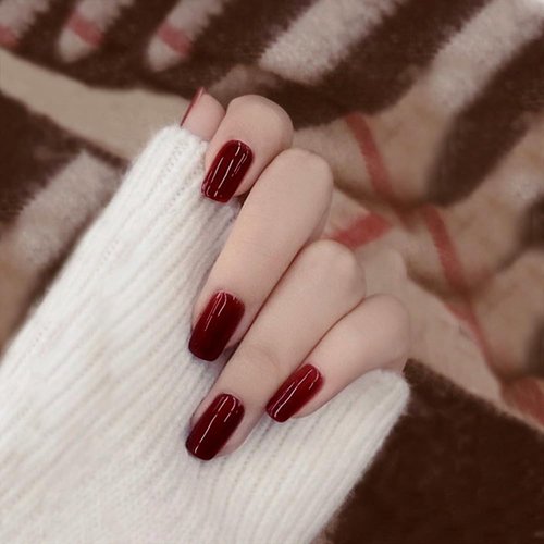 Elevenail Press on Nails Glossy Dark Wine Red False Nails Medium Length Square Fake Fingersnails Daily Manicure Salon DIY Faux Ongles Solid Red Nails Art Tips Gifts for Women Girls
