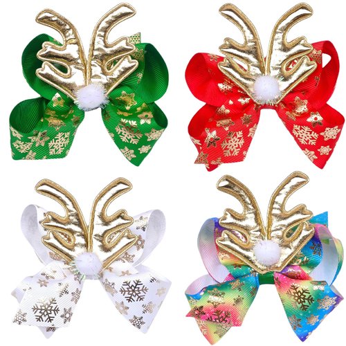 4 Pcs Christmas Hair Clips Big Bow Ribbon Hair Accessories Cute Reindeer Elk Hair Barrettes Holiday Headdress Hairpin for Girls Women Kids Xmas Party Cosplay Gift