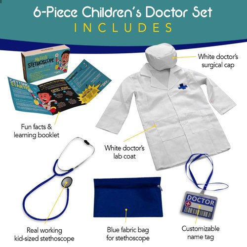 DIY jr My First Stethoscope Doctor's Kit - Includes Kid Sized Stethoscope, Lab Coat, Surgical Cap, Name Tag, Lanyard and Information Booklet